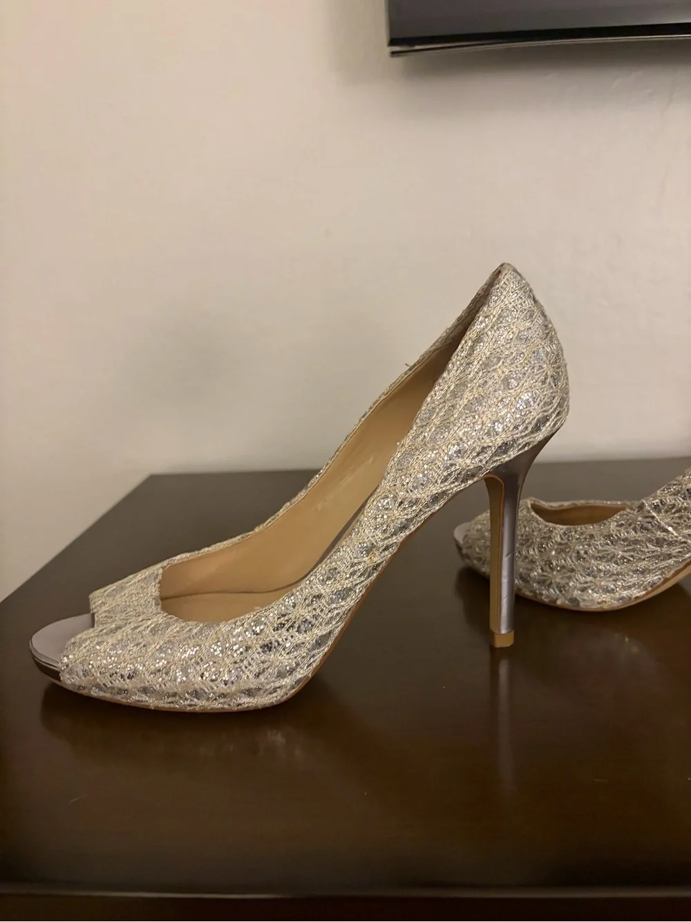 Enzo Angiolini Silver Glitter Peep-Toe Stilettos